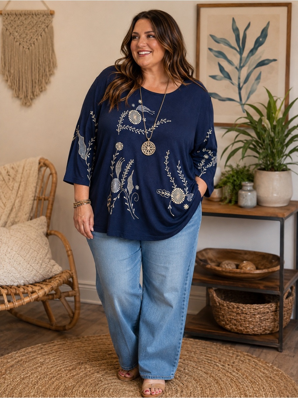 Indigo Moon Navy Floral Embroidered Relaxed Tunic Top